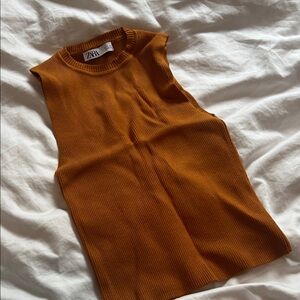 ZARA Sleeveless Ribbed Knit Top - Rust Orange, size Small